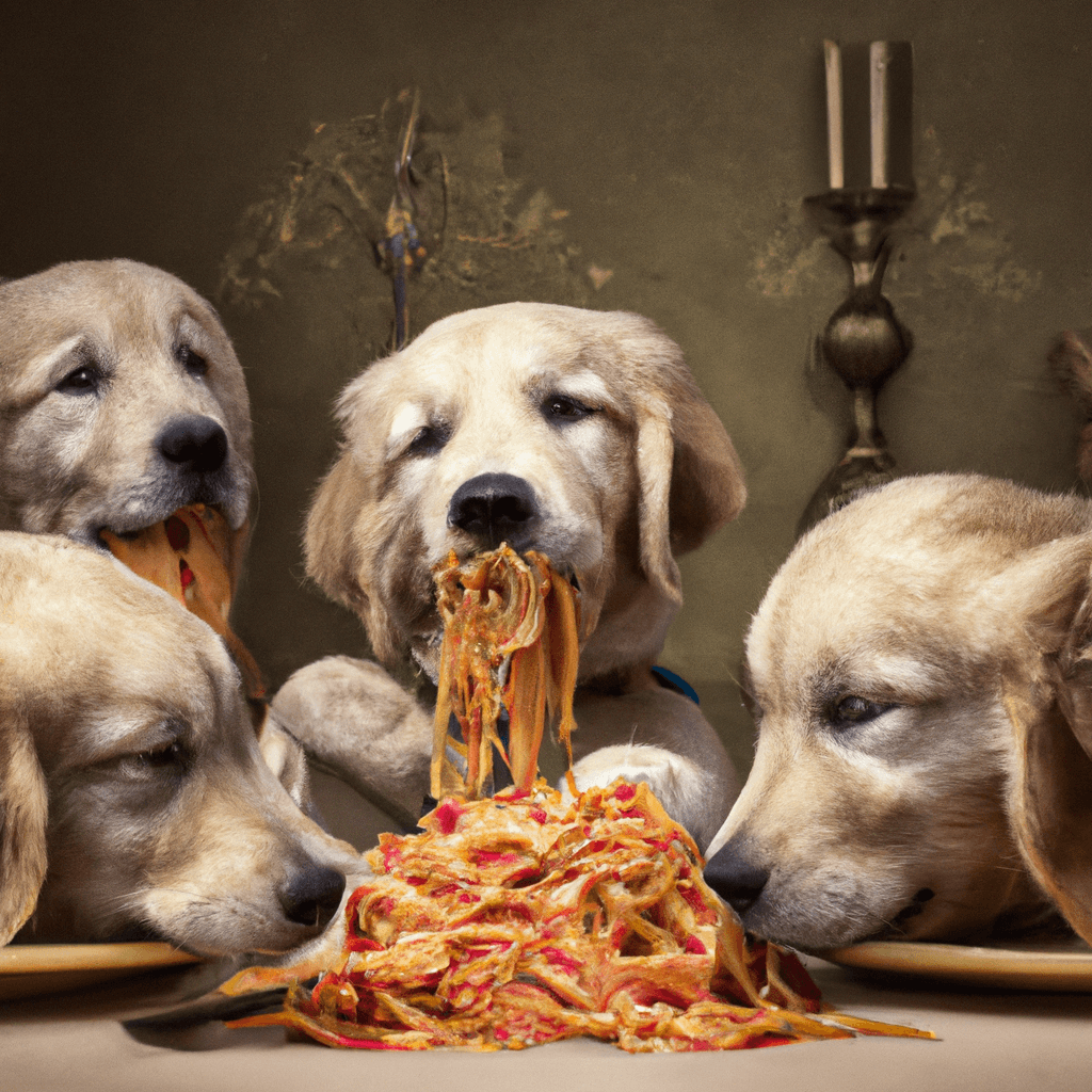 Golden retriever puppies eating spaghetti renaissance art