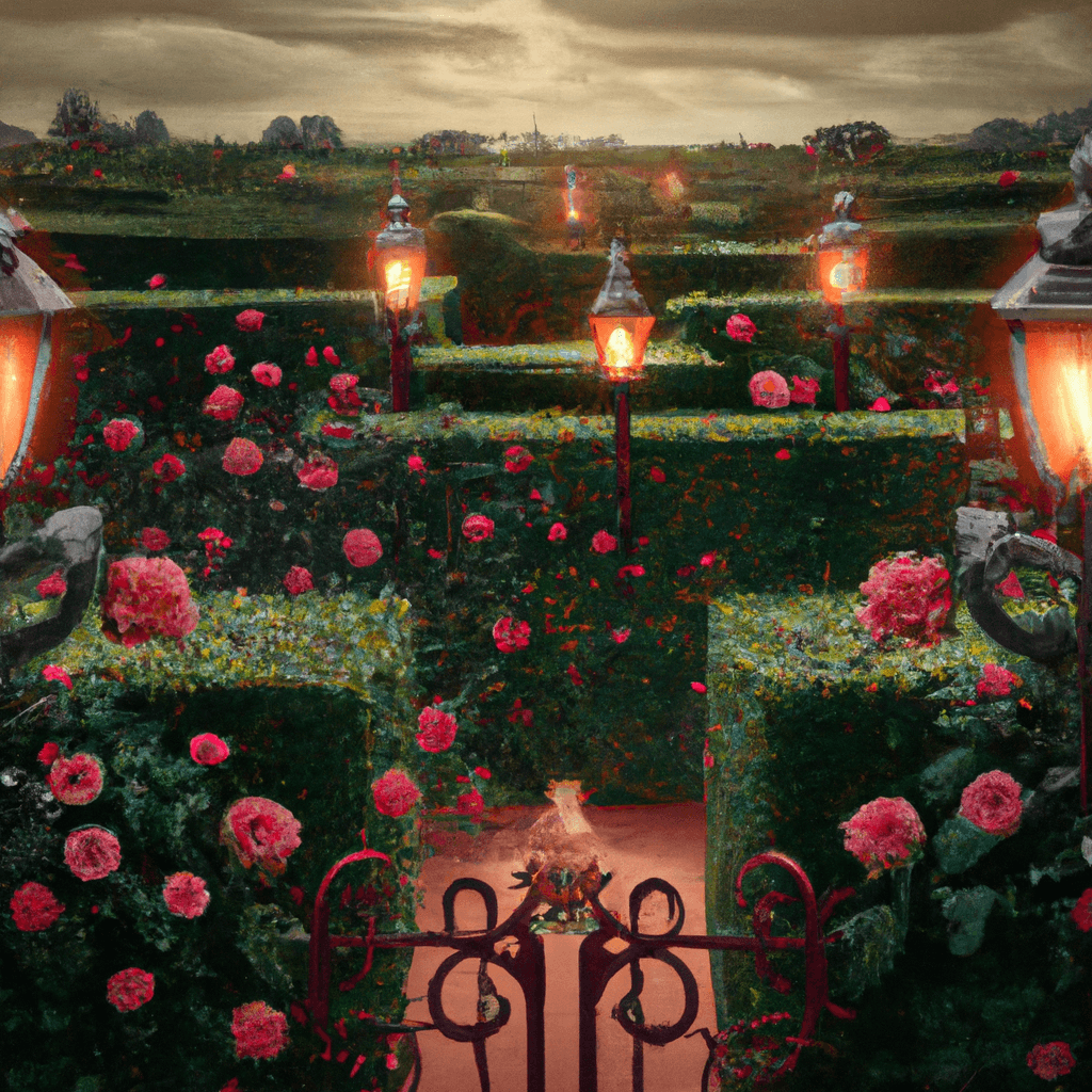 A charming hedge maze dotted by rose bushes and intricately designed lampposts, digital art, trending on artstation