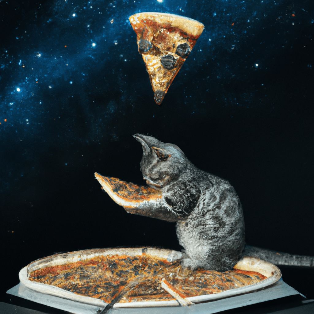 A grey kitten standing on a pizza in outer space. The kitten is eating a piece of pizza. Pizza slices flying with angel wings in background, dark cyan galaxy and stars in background, 4K photoshopped image, look at that detail