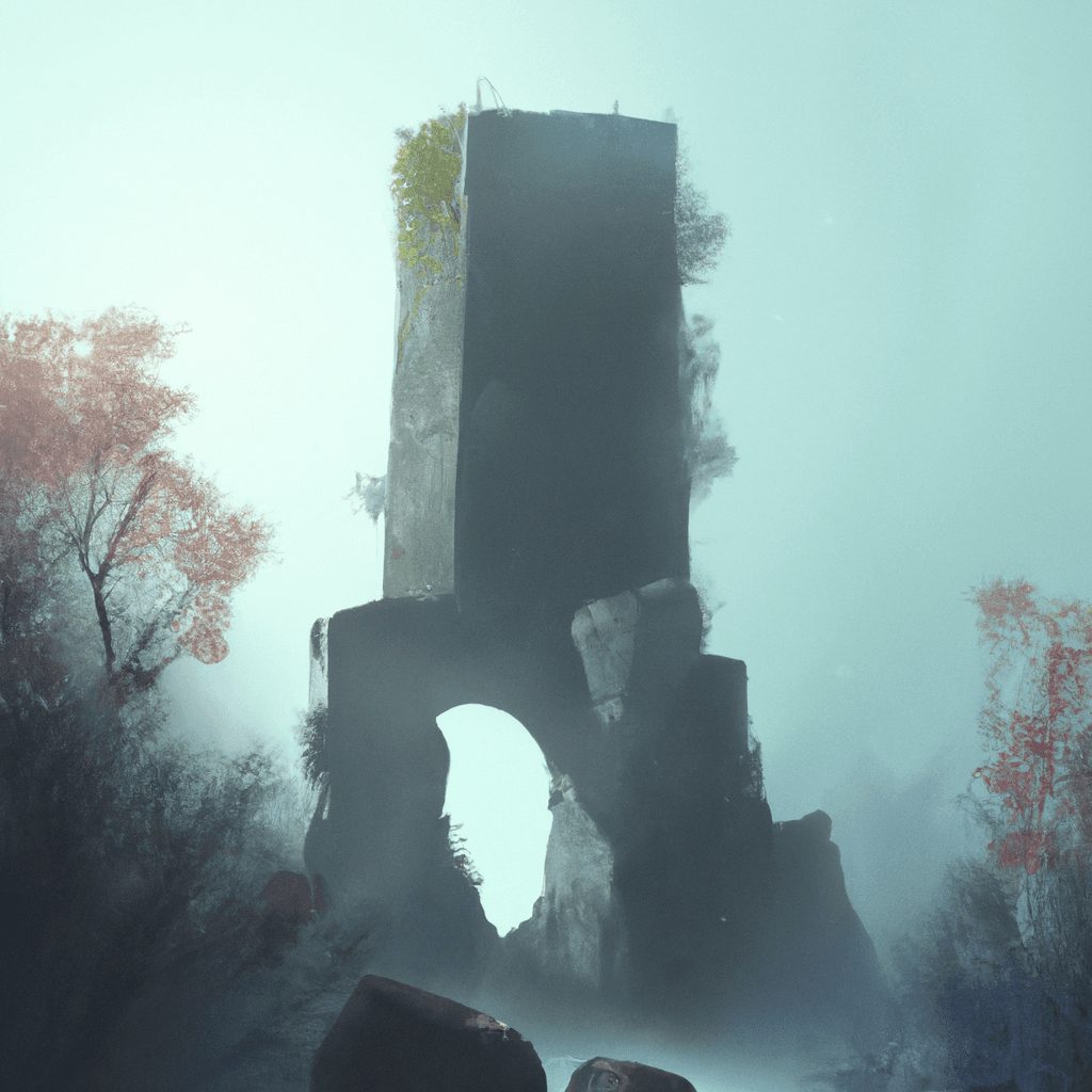 Monumental old ruins tower of a dark misty forest, overcast, sci-fi digital painting by Simon Stålenhag