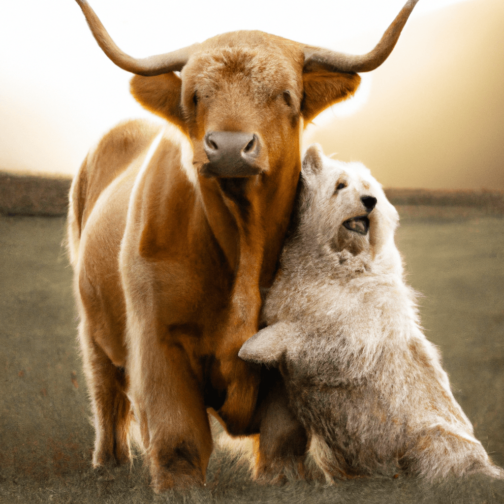 Golden retriever hugging a Highland cow in a beautiful field