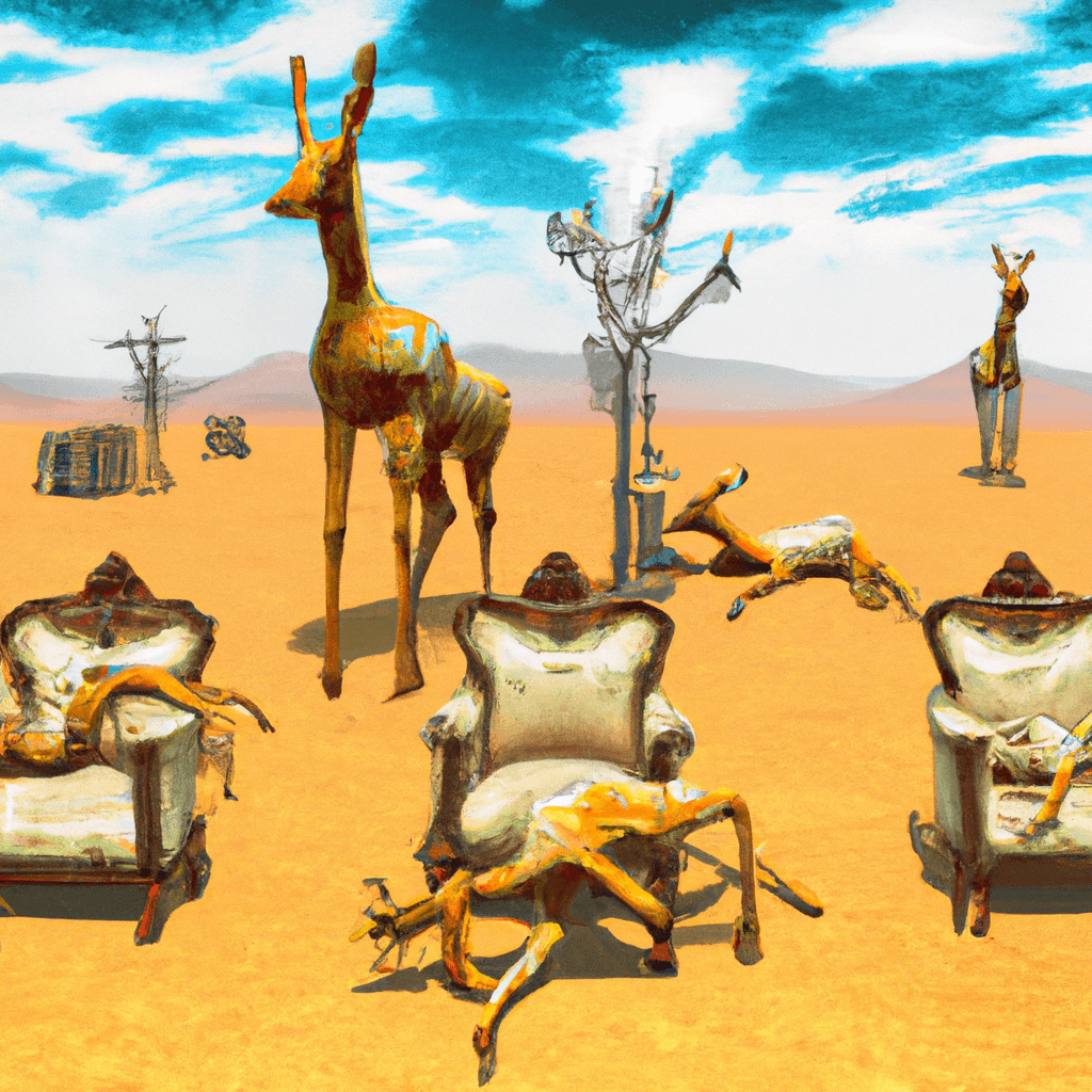 A desert populated by burning animals and furniture mannequins in the style of "The Burning Giraffe" by Salvador Dali