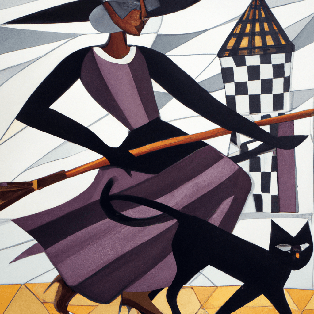 cubist painting of a young witch riding a broom with her black cat