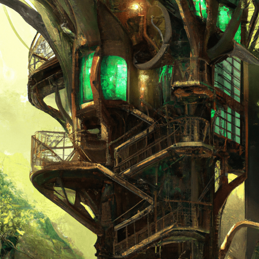 tree house in the woods, glows, greens, metals, armor, chrome, cybernetic, sci-fi, digital art
